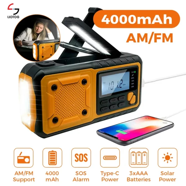 LOTOTG Portable Emergency Solar Power Radio Hand Crank Charging AM/FM Weather Radio Led Reading Flashlight Bank Phone Charger 1